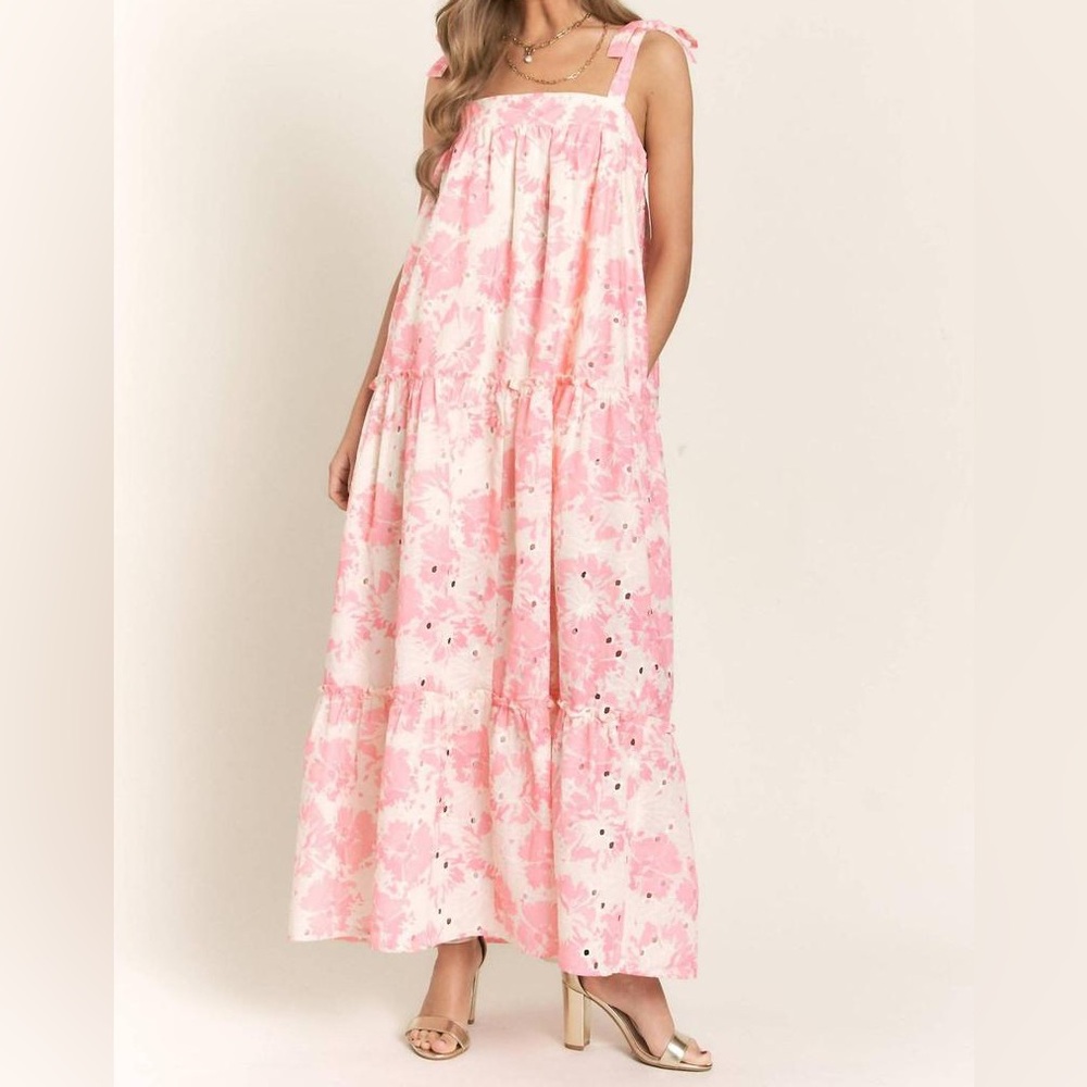 Pink and White Floral Tiered Eyelet Maxi Dress